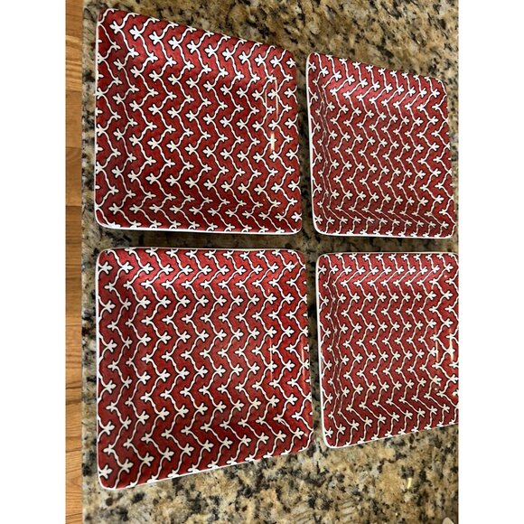 Pottery Barn Square Appetizer Plates Red Print Set Of 4 - Picture 3 of 7